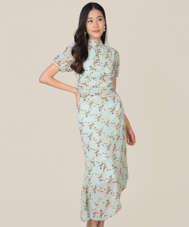 Anelise Floral Asymmetrical Midaxi Skirt - Pale Jade