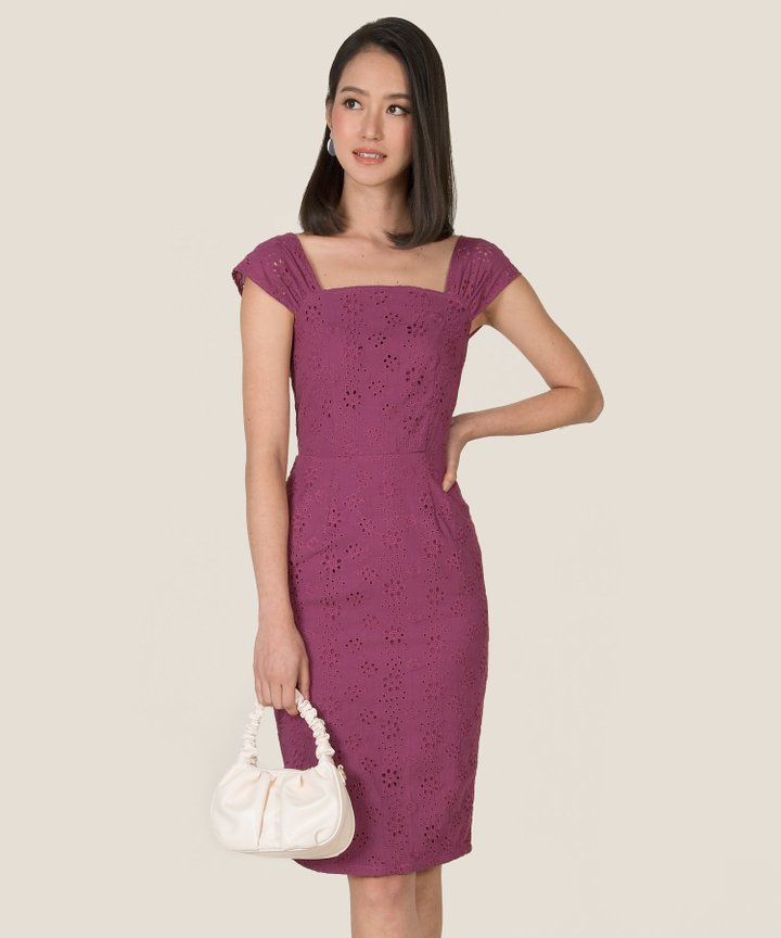 Zaha Eyelet Midi Dress - Berry