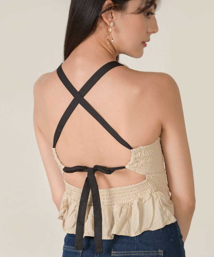 Hesson Smocked Lace Up Peplum Top