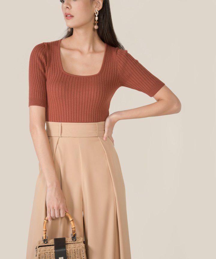 Idris Ribbed Knit Cropped Top - Red Rust