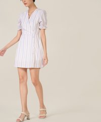 Aneta Striped Puff Sleeve Wrap Dress in Purple Fashion Online Store
