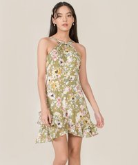 Behati Abstract Floral Halter Dress in Green Singapore Fashion Blogshop Online