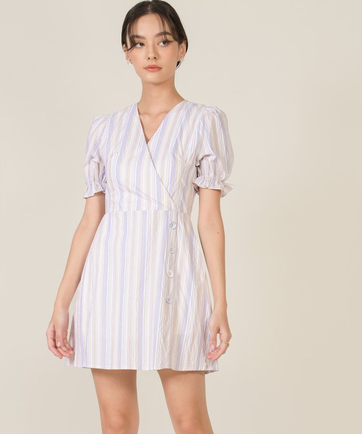 Aneta Striped Puff Sleeve Wrap Dress