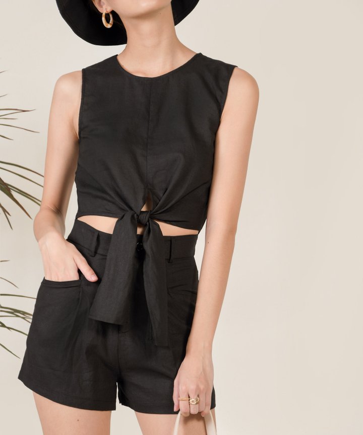 Shelby Linen Cropped Top - Black