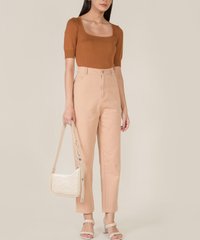 Carson High Waist Tapered Jeans and Brown Knit Top