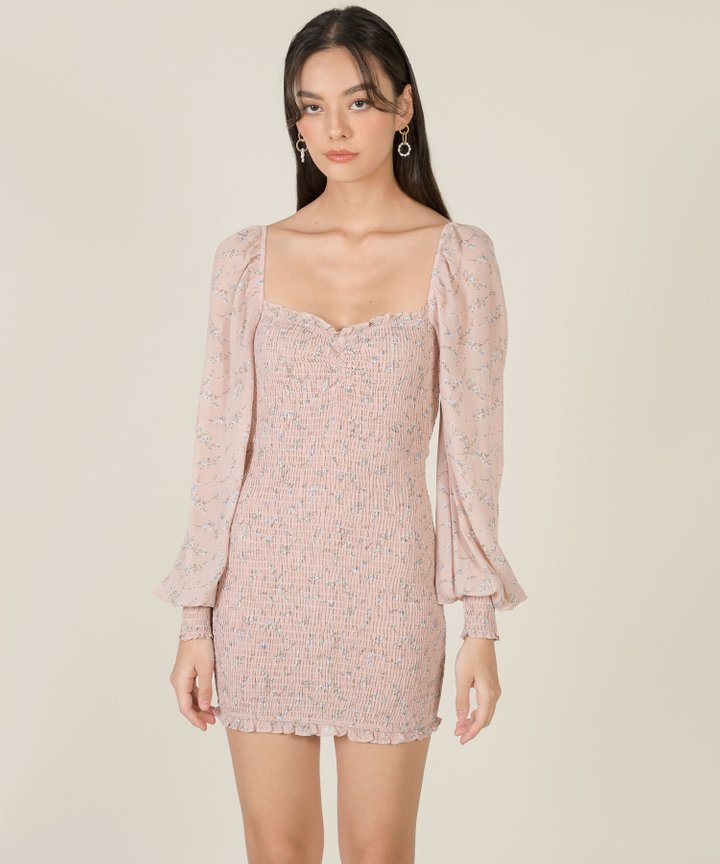 Adelia Floral Smocked Dress - Pale Pink