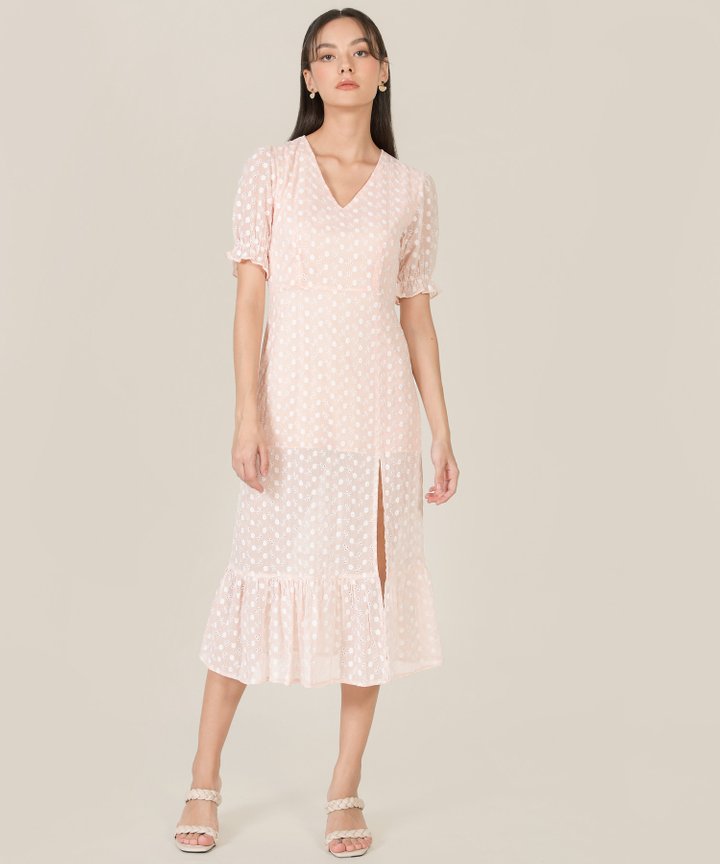 Venice Floral Embroidered Midi Dress - Pale Blush
