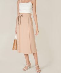 bindi linen ruched cropped top in white with mallory belted midi skirt