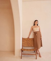 bindi linen ruched cropped top paired with mallory belted midi skirt