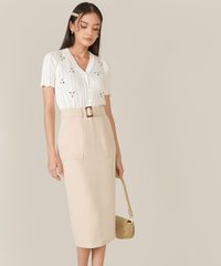 brooklyn belted midi skirt and white floral embroidered knit top
