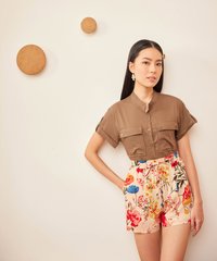 Amie Floral Women's Shorts and Caville Cuff Sleeve Blouse in Taupe Brown