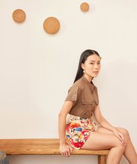 Amie Floral Shorts and Caville Women's Cuff Sleeve Blouse in Taupe Brown