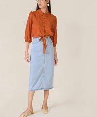 elm striped texted blouse in burnt orange and denim midi skirt