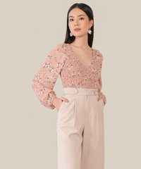 hollandia floral smocked blouse in rose pink colour close up view