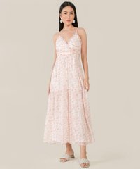 model wearing hvv atelier allons floral ruffle maxi dress in pink