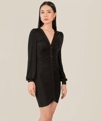 model wearing loeffler ruched women's bodycon dress in black
