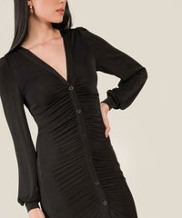 loeffler ruched women's bodycon dress in black close up view