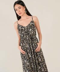 resa abstract floral ruffle jumpsuit in black close up view