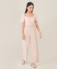 rosé ruched women's cropped top in pale pink and wide leg pants