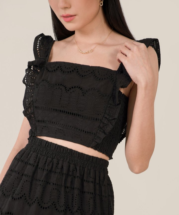 Heloise Broderie Ruffle Cropped Top - Black