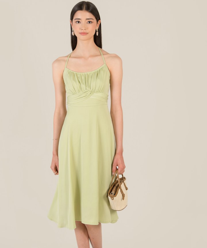 Oslo Ruched Cross Back Midi Dress - Tea Green
