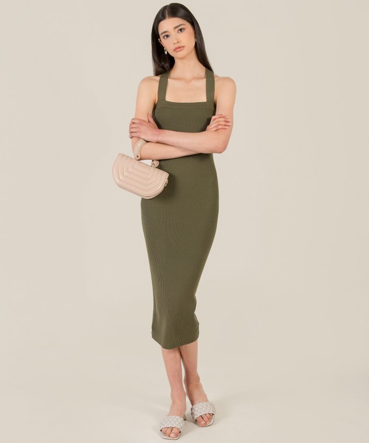 Shellona Halter Knit Midi Dress - Olive