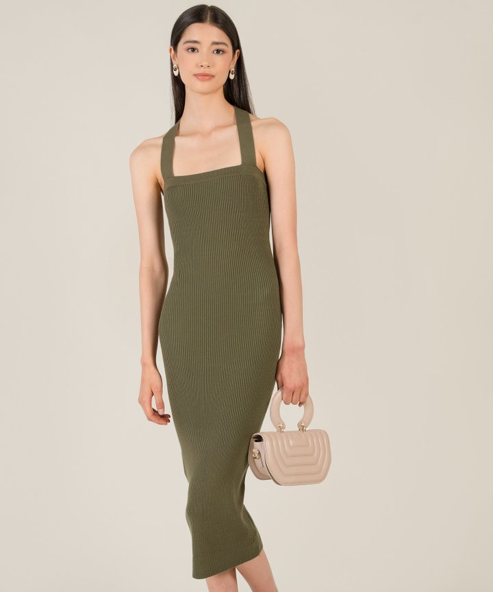 Shellona Halter Knit Midi Dress - Olive