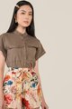 Amie Floral Shorts and Caville Cuff Sleeve Blouse in Taupe Brown close up view