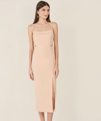 Model wearing Althea Women's Cut Out Midi Dress in Rose Quartz online dresses