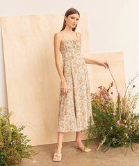 Model in Aveline Printed Ruched Midaxi in Sage Women's Dresses Online