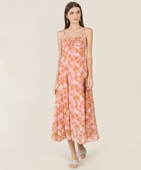Model wearing Aveline Printed Ruched women's Midaxi dress in Rose blogshop