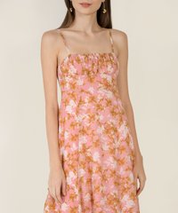 Aveline Printed Ruched women's Midaxi dress in Rose close up view