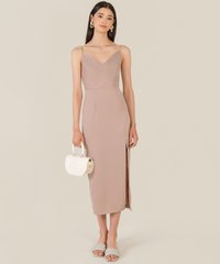 dolce cowl neck women's online midi dress in taupe