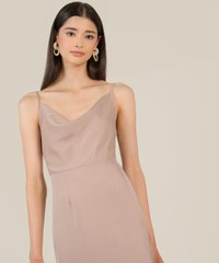 dolce cowl neck women's online midi dress in taupe close up view