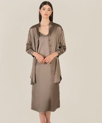 Model in Elysian Olive Satin Shirtdress and Chemise Women's Loungewear