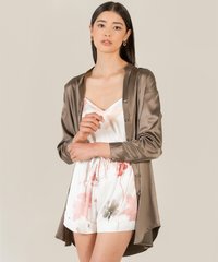 Elysian Olive Satin Shirtdress and Floral Satin Camisole and shorts