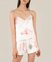 miran floral satin camisole and satin shorts in white close up view