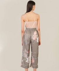 satin pink camisole and akin olive grey floral satin pants back view