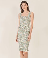 model in reine floral smocked women's midi dress in spring green online blogshop
