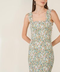 reine floral smocked women's  midi dress in spring green close up view