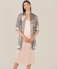 sanctuaire champagne pink satin chemise and floral satin shirtdress
