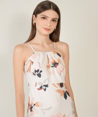 Model in Zonne Floral Gathered Women's Midi Dress in White online close up view