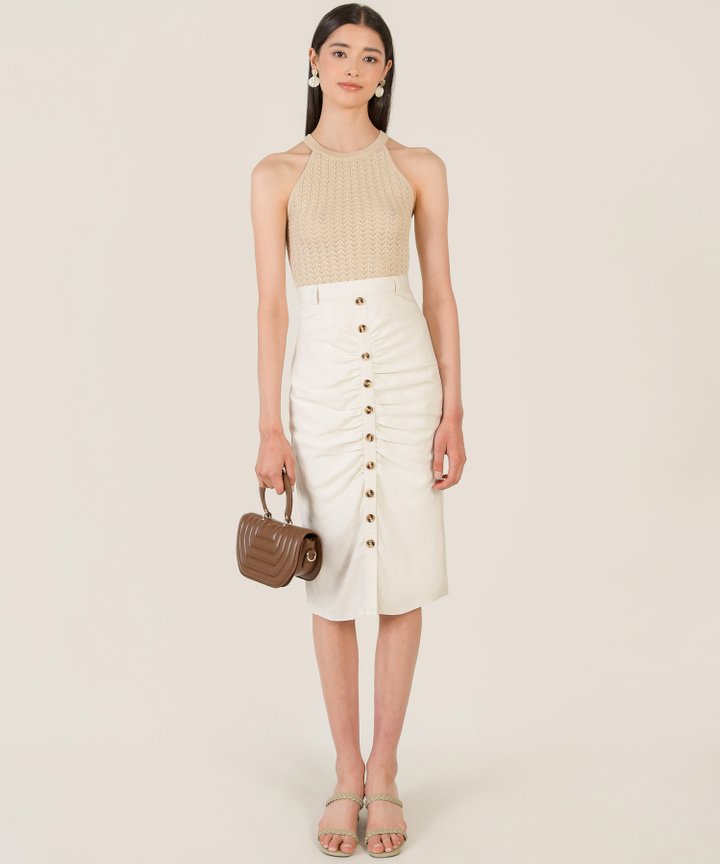 Elene Ruched Button Down Midi Skirt  - Creme