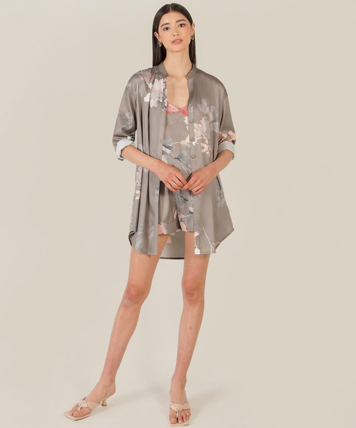 Elysian Floral Satin Shirtdress - Olive Grey