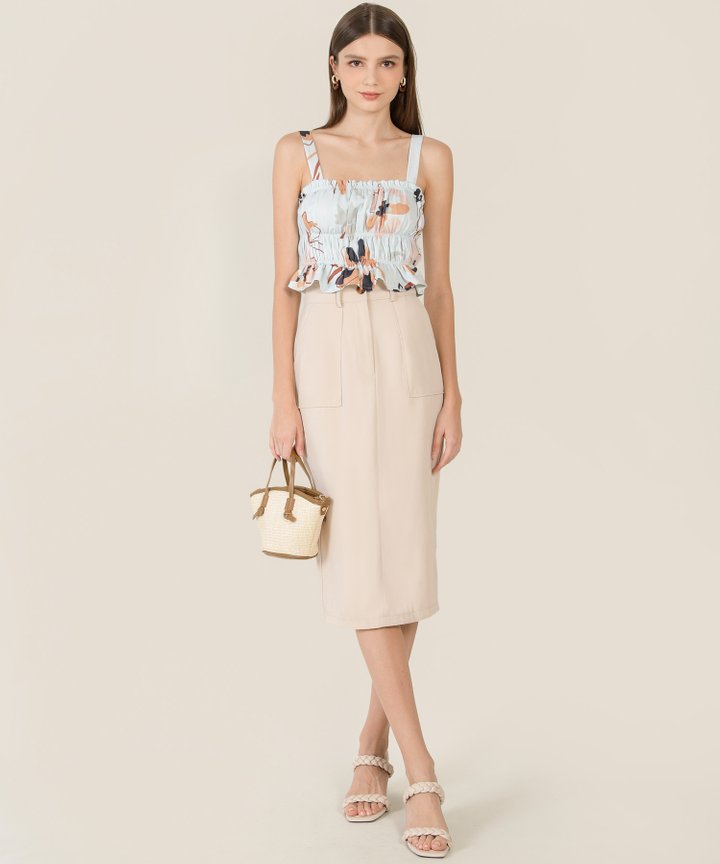 Nina Floral Ruched Top - Cloud Blue