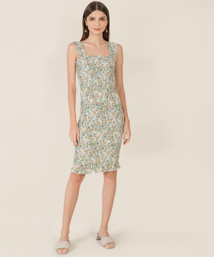 Reine Floral Smocked Midi Dress - Spring Green