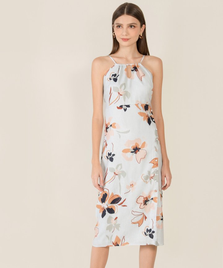 Zonne Floral Gathered Midi Dress - Cloud Blue