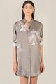model wearing elysian floral satin shirtdress olive grey loungewear