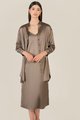 Model in Elysian Olive Satin Shirtdress and Chemise Women's Loungewear
