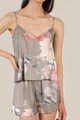 miran floral satin camisole and satin shorts in olive grey close up view